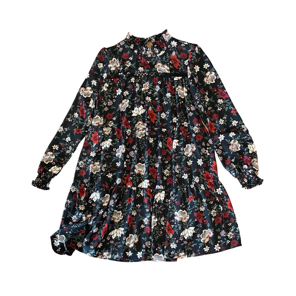 Black dress with red, cream, and green floral. Size Medium.